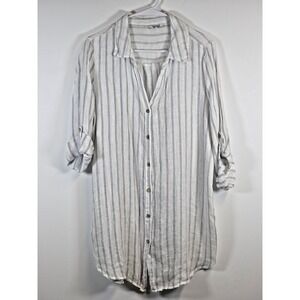 Rosemarie‎ Women Button Up Shirt Large White Blue Striped Tunic Italy Roll Tab